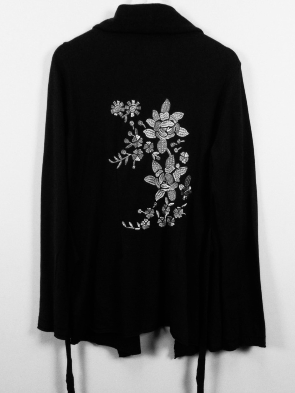 Lucky Brand Black Open Front Cardigan with Embroidered Detail
